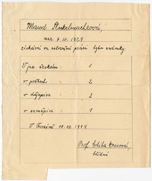 Unique school report of M. Steckelmachrové-Beer, written in Terezin, in 1944.