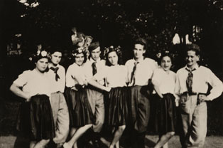 Jewish youth with dance costumes at the park of Štiřín castle. Greta is the second from the right.